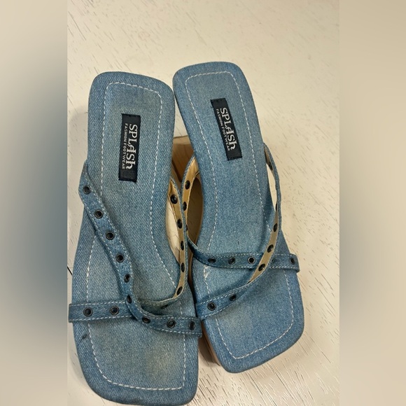 Vintage 90s Y2K SPLASH Denim Metal Studs Wooden Platform Heels Women’s - Picture 1 of 12